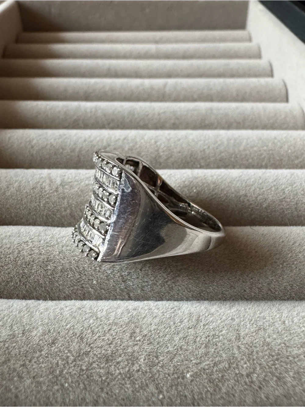 Signed SJ 925 Sterling Silver Diamond Baguette Wide Statement Ring Size 10